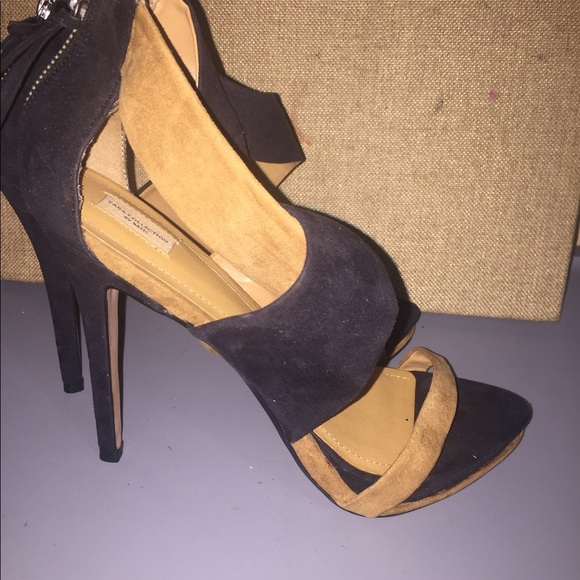 Zara Black & tan brown suede open‎ toe cross band platform stilettos size 41/10 - Picture 4 of 14